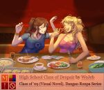  archive_of_our_own arm_rest blonde_hair blue_shirt blush bowl bracelet breasts brown_hair class_of_09 cleavage collarbone commentary cup english_commentary food fork hair_bun hands_up highres holding holding_spoon indoors jecka_(class_of_09) jewelry light_particles long_hair medium_breasts mug nicole_(class_of_09) one_eye_closed open_mouth pancake pancake_stack parted_lips pink_shirt plate ponytail shirt short_sleeves skull_print sleeveless sleeveless_shirt smile spoon spotlight tearing_up teeth upper_body upper_teeth_only yooorie 