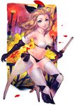  aqua_eyes bare_shoulders blonde_hair bravely_default:_flying_fairy bravely_default_(series) breasts collarbone edea_lee elbow_gloves gloves highres holding katana lips long_hair medium_breasts petals revision simosi smile solo sword thighhighs weapon white_legwear 