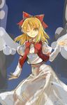  blonde_hair bow bowtie gengetsu hair_bow highres juliet_sleeves long_skirt long_sleeves one_eye_closed peninsula_(disappearedstump) puffy_sleeves red_bow short_hair sketch skirt skirt_set solo touhou touhou_(pc-98) vest wings yellow_eyes 