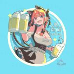  1girl alcohol alternate_costume animal_ears barmaid beer beer_mug black_bow blue_background bow braid breasts cat_ears cat_tail circle cleavage commentary_request cup dirndl dress extra_ears german_clothes hair_bow highres holding holding_cup kaenbyou_rin keroyan large_breasts mug multiple_tails nekomata red_hair solo tail touhou twin_braids two_tails underbust white_dress 