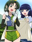  aoki_reika blue_eyes blue_hair bottle breath detached_sleeves gloves green_eyes green_hair gym_shorts long_hair midorikawa_nao multiple_girls nanairogaoka_middle_school_uniform precure school_uniform short_hair shorts smile_precure! sportswear tonbi towel track_and_field 