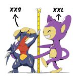  ^_^ aipom anger_vein closed_eyes closed_mouth fangs gameplay_mechanics garchomp grin height height_difference highres no_humans pokemon pokemon_(creature) pokemon_focus pokemon_go psaber97 simple_background smile standing standing_on_one_leg tape_measure teeth white_background 