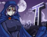  1girl animification black_leotard blue_cape blue_cloak blue_hood breasts cape city cloak cloud colored_skin commentary covered_nipples dc_comics desingahv forehead_jewel gem grey_skin highres hood impossible_clothes jewelry large_breasts leotard lips looking_at_viewer moon night outdoors purple_eyes purple_hair raven_(dc) red_gem short_hair signature skin_tight sky sleeved_leotard smile solo superhero_costume teen_titans titans_tower tower upper_body 