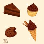  artist_name cake cake_slice chocolate_cake chocolate_chip_cookie commentary cookie cupcake english_commentary food food_focus grey_background ice_cream ice_cream_cone meikitefuka no_humans original simple_background soft_serve sparkle wafer wafer_stick waffle_cone 