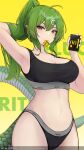  1girl absurdres arknights arknights:_endfield arm_behind_head arm_up armpits bare_shoulders black_panties black_sports_bra breasts character_name cleavage clothes_writing commentary commission condom condom_box condom_in_mouth condom_wrapper fluorite_(arknights) green_eyes green_hair hair_ornament hairclip highres holding holding_condom large_breasts lavriell long_hair looking_at_viewer mouth_hold navel panties reptile_girl simple_background snake_girl snake_tail solo sports_bra tail underwear watermark yellow_background 