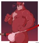  anthro armpit_hair asian_clothing barazoku bear big_bulge body_hair bulge clothed clothing east_asian_clothing flexing flexing_bicep fundoshi fundoshi_only fur heart_symbol japanese_clothing katana kumatetsu male mammal melee_weapon muscular muscular_anthro muscular_male nipples red_body red_fur retsito scabbard simple_background smile solo standing sword the_boy_and_the_beast topless underwear underwear_only weapon 