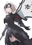  1girl ahoge armor armored_dress battle_standard black_armor black_capelet black_dress black_gloves black_thighhighs blonde_hair boobplate breasts capelet chain cowboy_shot dress english_commentary fate/grand_order fate_(series) flag floating_hair gauntlets gloves hair_between_eyes headpiece highres holding holding_flag jeanne_d'arc_alter_(avenger)_(fate) jeanne_d'arc_alter_(fate) large_breasts long_dress long_sleeves looking_to_the_side pale_skin short_hair simple_background smile solo standing teeth thighhighs thighs thorn_(kmconceptart) torn_capelet torn_clothes v-shaped_eyebrows war_flag white_background yellow_eyes zettai_ryouiki 