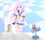  :d arm_behind_back blush choker choujigen_game_neptune_mk2 collarbone d-pad d-pad_hair_ornament electric_fan fan hair_ornament long_hair looking_at_viewer nepgear neptune_(series) ohjin open_mouth purple_eyes purple_hair smile solo striped striped_legwear thigh_strap thighhighs very_long_hair 