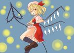  blonde_hair flandre_scarlet hat laevatein mary_janes miyo_(ranthath) open_mouth red_eyes shoes short_hair side_ponytail skirt slit_pupils smile solo touhou wings wristband 
