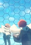 2boys ahoge aotsuki_eito basket bed_sheet black_gloves black_jacket closed_eyes commentary english_commentary facing_another glasses gloves grey_hair grey_jacket highres holding holding_basket holding_sheet hood hoodie jacket jacket_over_hoodie laundry laundry_basket laundry_pole male_focus multicolored_jacket multiple_boys noct2aa pants red_hair short_hair smile sumino_takumi the_hundred_line_-last_defense_academy- two-tone_jacket watermark white_hoodie white_jacket white_pants 