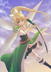  blonde_hair blush boots bracelet braid breasts cleavage fairy_wings green_eyes highres jewelry leafa licking long_hair medium_breasts ponytail rurukichi shorts solo sword sword_art_online thighhighs tongue twin_braids weapon wings 
