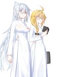  2girls aesc_(fate) aesc_(rain_witch)_(fate) ahoge ao_dai black_bow blonde_hair blue_eyes book bow braid breasts dress fate/grand_order fate_(series) glasses grey_hair gudagudaman hair_bow half_up_braid highres holding holding_book large_breasts long_hair long_sleeves looking_at_viewer morgan_le_fay_(fate) multiple_girls pants ponytail round_eyewear sidelocks simple_background smile very_long_hair vietnamese_clothes white_background white_pants 