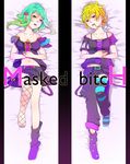  bare_shoulders blonde_hair earrings fishnet_legwear fishnets green_eyes green_hair gumi highres jewelry lip_piercing looking_at_viewer lying mismatched_legwear multiple_girls navel necklace off_shoulder open_mouth piercing red_eyes ring short_hair skirt thighhighs umetarou_(uminmin) vocaloid 