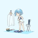  ankaris belt bike_shorts blue_background blue_hair cape chair clothes_hanger dressing gloves magical_girl mahou_shoujo_madoka_magica midriff miki_sayaka navel short_hair simple_background solo soul_gem 