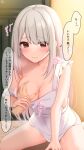  1girl apron apron_pull bare_arms blush breasts brown_eyes cleavage closed_mouth clothes_pull commentary_request eyes_visible_through_hair frilled_apron frills grabbing_another's_breast groping guided_breast_grab guiding_hand highres indoors invisible_man large_breasts light_smile long_hair looking_at_viewer motherly-chan_(ramchi) motion_lines naked_apron original raised_inner_eyebrows ramchi sleeveless small_sweatdrop speech_bubble spoken_blush sweat swept_bangs thighs translation_request white_apron white_hair 
