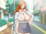  1girl areola_slip areolae bleach breasts gaden hand_on_hip large_breasts matsumoto_rangiku orange_hair solo 