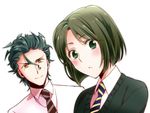  1girl ahoge black_hair blush fate/zero fate_(series) genderswap genderswap_(mtf) green_eyes green_hair gucce222 lancer_(fate/zero) necktie sensha_otoko short_hair waver_velvet yellow_eyes 