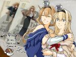  2girls blonde_hair blue_capelet blue_eyes braid capelet commentary_request crown dated dress earrings half_up_braid hug jewelry kantai_collection low_ponytail mini_crown multiple_girls photo_background ponytail signature thank_you upper_body valiant_(kancolle) valiant_(lawson)_(kancolle) warspite_(kancolle) warspite_(lawson)_(kancolle) white_dress yamada_rei_(rou) 