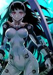  antennae bai_hua black_hair bodysuit breasts cover_image covered_navel highres lips long_hair looking_at_viewer medium_breasts official_art red_eyes sanzhuangwangcat school_shock solo very_long_hair weapon 