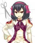  :d binbougami_ga! black_hair bow brown_eyes hair_bow hair_ribbon hairband hand_on_hip juliet_sleeves long_sleeves namamoto open_mouth puffy_sleeves ribbon scissors shaga_(binbougami_ga!) smile solo uneven_eyes v-shaped_eyebrows 