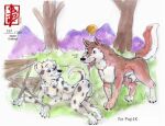 all_fours animal_genitalia anthro balls bench bodily_fluids bondo canid canine canis cuff_(restraint) dalmatian domestic_dog drooling duo fennec_(artist) feral furniture genital_fluids genitals grass handcuffs imminent_sex knot_in_sheath male male/male mammal metal_cuffs mild on_grass on_ground painting_(artwork) paws picnic_table plant precum presenting pup1k raised_tail rape_face restraints saliva sheath sound_effects standing sunset surprised table tail text tongue tongue_out traditional_media_(artwork) watercolor_(artwork) wolf worried worried_face worried_look
