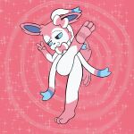3_toes anthro eeveelution eyebrows feet foot_fetish foot_focus fur generation_6_pokemon hi_res male nintendo on_one_leg pink_body pink_fur pokemon pokemon_(species) raised_eyebrow ribbons simple_background smug_face solo sparkles standing standing_on_toes sylveon ticklebunny toes
