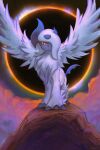  absol feathered_wings highres looking_at_viewer mega_absol no_humans on_rock orcaowl pokemon pokemon_(creature) red_eyes solo white_fur wings wormhole 
