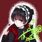  1girl adapted_costume black_hair black_jacket blunt_bangs blunt_ends closed_mouth commentary_request dated enmaided from_behind frown green_eyes hair_between_eyes heaven_burns_red highres hime_cut holding holding_tray holmes_hvbn jacket long_hair maid maid_headdress natsume_inori outline ponytail red_background sidelocks signature simple_background solo straight_hair tray upper_body v-shaped_eyebrows very_long_hair white_outline 