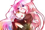  bad_id bad_pixiv_id blue_eyes blush elbow_gloves gloves hug ia_(vocaloid) long_hair mayu_(vocaloid) multiple_girls open_mouth pink_hair skura01 smile vocaloid white_background yellow_eyes 