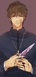  blood blood_on_face brown_eyes brown_hair cross cross_necklace fate/zero fate_(series) jewelry knife kotomine_kirei male_focus necklace purple_background simple_background smile solo zaqloxxx 