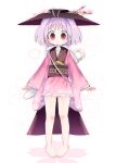  1girl ? alternate_hairstyle antenna_hair barefoot black_hat bowl bowl_hat cape commentary_request floral_print flower full_body gradient_clothes gradient_kimono hat highres japanese_clothes kimono kiwi_(x_x915) knees_apart_feet_together long_sleeves low_twintails outline pink_flower pink_outline purple_hair red_eyes red_kimono sash short_hair solo spoken_question_mark standing sukuna_shinmyoumaru touhou twintails variant_set 