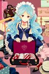  aqua_hair bangs bat briefcase crescent_nazo dress frilled_dress frills hat holding long_hair looking_at_viewer lowres maid_headdress mu-i open_mouth parted_bangs polka_dot red_eyes sitting solo striped stuffed_animal stuffed_toy sword_girls tattoo teddy_bear wavy_hair 