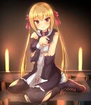  1girl arihara_nanami between_legs black_boots black_dress black_pantyhose blonde_hair blush boots bow bra breasts buttons closed_mouth commentary_request covering_breasts covering_privates double-breasted dress eyes_visible_through_hair floral_print floral_print_bra floral_print_panties frilled_dress frills frown full_body hair_between_eyes hair_bow hair_ribbon hand_between_legs hand_up highres indoors lace-trimmed_bra lace-trimmed_panties lace-up_boots lace_trim long_hair long_sleeves looking_at_viewer low_twintails medium_breasts panties pantyhose print_panties red_bow red_eyes red_ribbon ribbon riddle_joker short_dress sidelocks sitting sketch solo torn_clothes torn_dress torn_pantyhose torn_sleeves twintails underwear very_long_hair wariza white_bra white_panties yuzf 