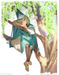  1girl branch coco_(tongari_boushi_no_atelier) commentary flower green_eyes grey_hair hat hat_tassel highres ink_(inkypyon) qifrey's_atelier_apprentice_uniform short_hair tassel tongari_boushi_no_atelier tree 