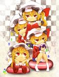  alternate_costume alternate_hairstyle bad_id bad_pixiv_id blonde_hair character_doll checkered child chin_rest clone flandre_scarlet four_of_a_kind_(touhou) hand_on_head hat highres jitome long_hair mantarou_(shiawase_no_aoi_tori) multiple_girls pointy_ears reading red_eyes remilia_scarlet short_hair side_ponytail sitting smile socks touhou wings 