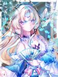  1girl absurdres artist_name blonde_hair border breasts chinese_commentary commentary_request commission detached_sleeves dress fish flying_fish forehead hand_fan highres holding holding_fan honkai:_star_rail honkai_(series) joints long_hair medium_breasts pearl_(honkai:_star_rail) purple_eyes robot_girl robot_joints solo su_you very_long_hair white_border white_dress 