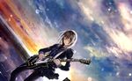  black_legwear blurry bokeh brown_hair cable cloud cloudy_sky depth_of_field dutch_angle electric_guitar giba_(out-low) guitar horizon instrument les_paul long_hair looking_down music original pantyhose playing_instrument school_uniform serafuku skirt skirt_lift sky solo sunset water 