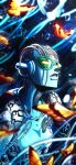  1other absurdres artist_name blue_skin bug butterfly colored_skin commentary compound_eyes diver_down_(stand) english_commentary glowing glowing_eyes green-framed_eyewear green-tinted_eyewear highres jojo_no_kimyou_na_bouken looking_up metal_skin noonvincent orange_butterfly orange_eyes parted_lips solo stand_(jojo) star_platinum stone_free stone_ocean string tinted_eyewear weather_report_(stand) 
