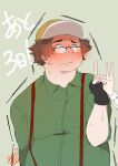  1boy 1other absurdres arm_at_side baseball_cap black_gloves blush brown_hair closed_mouth collared_shirt commentary_request constricted_pupils countdown counting fat fat_man fingerless_gloves flustered full-face_blush furrowed_brow futatugikota glasses gloves green_shirt hand_up hashida_itaru hat highres index_finger_raised looking_at_hand nervous_sweating out_of_frame over-rim_eyewear science_adventure semi-rimless_eyewear shirt signature solo_focus steins;gate suspenders sweat trembling upper_body v yellow_hat 