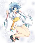  1girl blue_eyes blue_hair breasts dororon_enma-kun japanese_clothes jumping kimono long_hair looking_at_viewer no_panties obi open_mouth sandals sash sayariru smile solo white_background yukata yukiko_hime yuuki_sayaka 