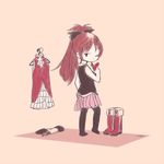  ankaris boots bow clothes_hanger dressing food full_body hair_bow long_hair magical_girl mahou_shoujo_madoka_magica one_eye_closed pink_background pocky ponytail red_hair sakura_kyouko simple_background solo soul_gem thighhighs zettai_ryouiki 