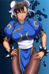  blue_background bracelet breasts brown_eyes brown_hair brown_legwear bun_cover china_dress chinese_clothes chun-li curvy double_bun dress earrings hand_on_hip highres huge_breasts igatto jewelry lips pantyhose pelvic_curtain sash short_hair solo spiked_bracelet spikes street_fighter 