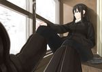  ashtray black_hair blue_eyes boots cigarette elizabeth_f_beurling hand_in_pocket jacket long_hair pantyhose rikizo sitting smoking snow solo window world_witches_series 