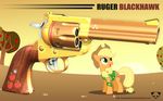  applejack_(mlp) blonde_hair cowboy_hat cutie_mark english_text equine female feral freckles friendship_is_magic green_eyes gun hair hat horse magnum mammal my_little_pony pistol pony ranged_weapon solo text thebadpanda2 weapon 