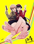  2girls amagi_yukiko atlus barefoot black_hair dark_hair feet hairband long_hair multiple_girls persona persona_4 pov_feet satonaka_chie scamwich short_hair soles toes v 