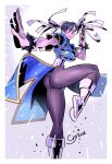  1girl ass black_hair boots bracelet breasts brown_pantyhose bun_cover callan_(callancoe) china_dress chinese_clothes chun-li commentary double_bun dress english_commentary fighting_stance gold_trim hair_bun highres jewelry large_breasts pantyhose pelvic_curtain purple_sash sash solo spiked_bracelet spikes street_fighter thick_thighs thighs white_boots 