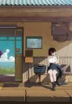  1girl absurdres bag black_choker black_hair black_skirt black_socks blue_sky breasts chair choker colored_inner_hair ear_piercing ellen_joe ellen_joe_(on_campus) fins fish_tail food food_in_mouth highres holding holding_food holding_popsicle large_breasts map midfinger missing_legwear multicolored_hair on_chair piercing pleated_skirt popsicle popsicle_in_mouth revision route_map school_bag shark_girl shark_tail shirt sitting skirt sky socks solo tail train_station train_station_platform turning_head white_shirt zenless_zone_zero 