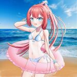  1girl :d absurdres alternate_costume arm_behind_head bare_shoulders beach bikini blue_bikini blue_eyes blue_scrunchie blue_sky blunt_bangs blunt_ends blush braid breasts commentary_request cowboy_shot day dress eyelashes fake_horns fang floating_hair frilled_innertube frills hair_ornament hairclip halterneck highres horns innertube kamiyama_shiki long_hair looking_at_viewer navel ocean open_mouth outdoors photo_background plaid_bikini plaid_clothes ponytail red_hair scrunchie see-through_clothes see-through_dress shiki_hamaguri side-tie_bikini_bottom side_braid sky small_breasts smile solo stomach summer_pockets swim_ring swimsuit tassel tassel_hair_ornament very_long_hair wrist_scrunchie 