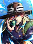  1boy absurdres araki_hirohiko_(style) arm_warmers artist_name ball beard blonde_hair blue_arm_warmers blue_background blue_eyes blue_nails brown_hat cape character_name commentary copyright_name cover english_commentary english_text facial_hair fake_cover goggles goggles_on_headwear golden_spiral green_cape green_lips gyro_zeppeli hand_up hat highres holding holding_ball jojo_no_kimyou_na_bouken long_hair looking_at_viewer makeup male_focus nail_polish noonvincent official_style orange_sleeves parted_lips purple_shirt purple_sleeves shirt solo steel_ball_(jojo) steel_ball_run two-tone_sleeves upper_body 