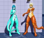anthro arachnid arthropod changeroom detailed_background duo erayi female flat_chested furball gecko genitals inside lizard reptile scalie scorpion shower vulva washcloth wet